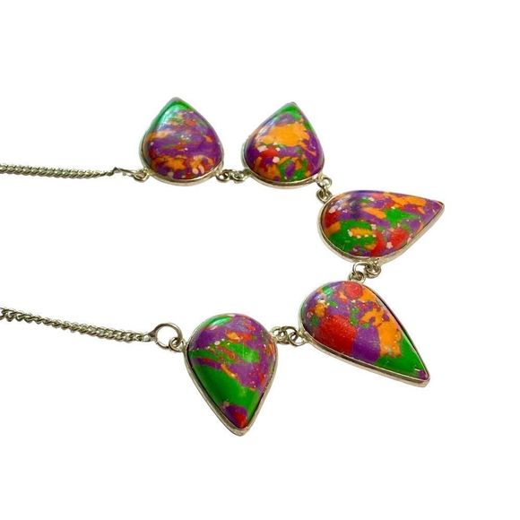 Colorful Mosaic Gemstones in a Silver Overlay Necklace - Picture 3 of 7
